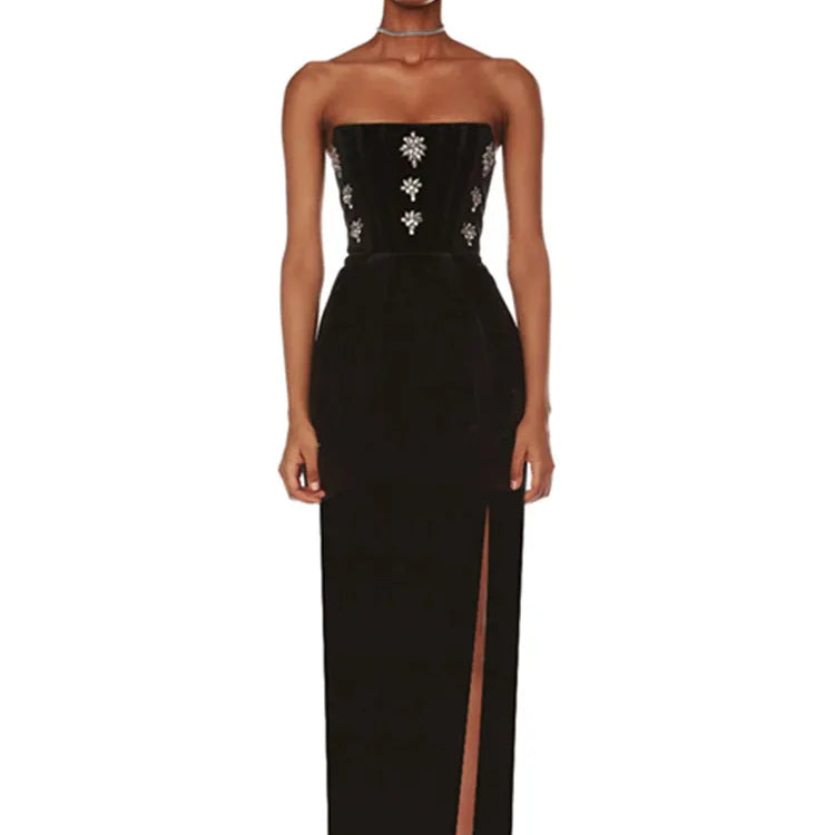 Women Celebrity Sexy Strapless Backless Diamonds Black Maxi Long Bodycon Bandage Dress 2024 Elegant Evening Club Party Outfit