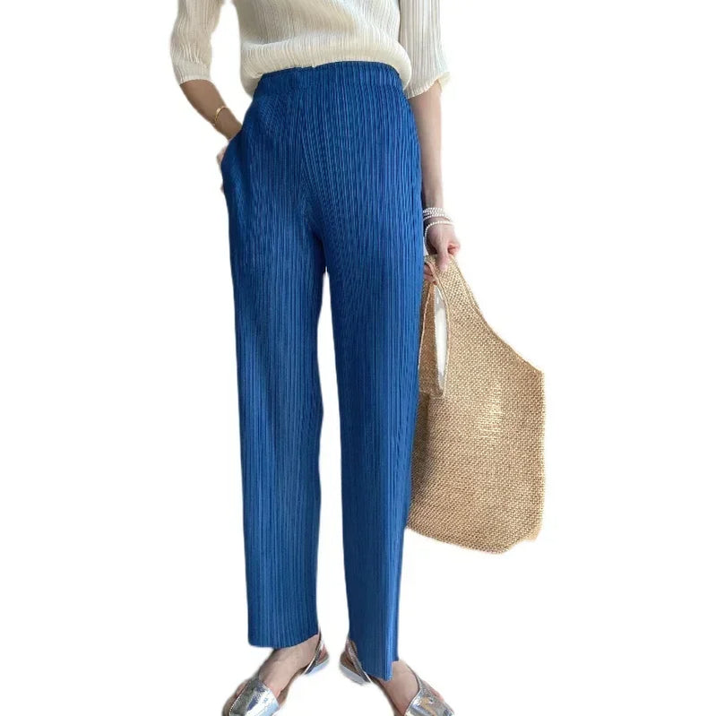 Spring Summer Autumn Women Casual Elegant Ladies Miyake Designer Casual Loose Straight Pleated Pants High Waist Trousers