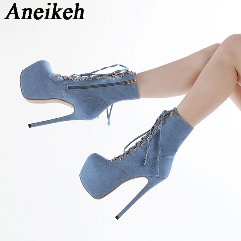 Fashion Blue Denim Classic Lace Up Platform Ankle Boots Platform Heels 16cm Super High Modern Boots Party shoes