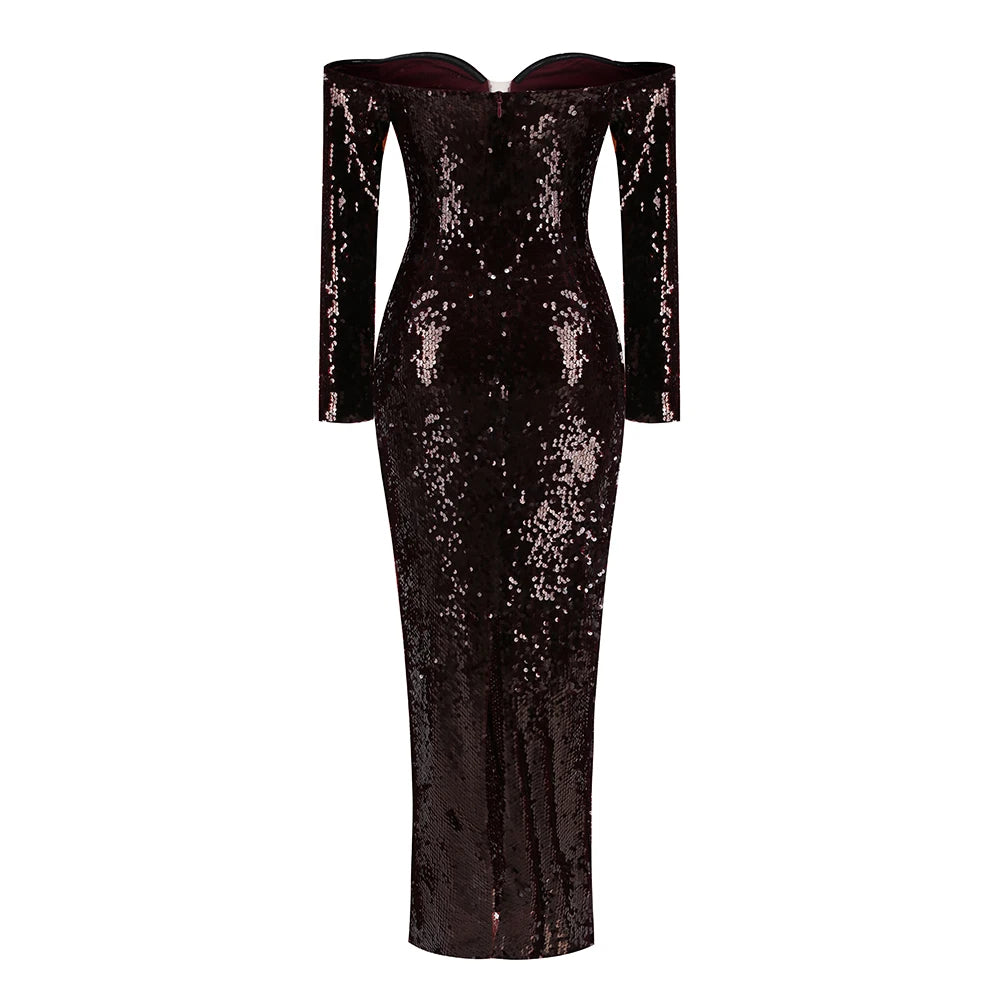 2025 New Shinning Sequins Women Long Sleeve Slash Neck Off the Shoulder Bodycon Long Dress Fashion Celebrate Cocktail Dress