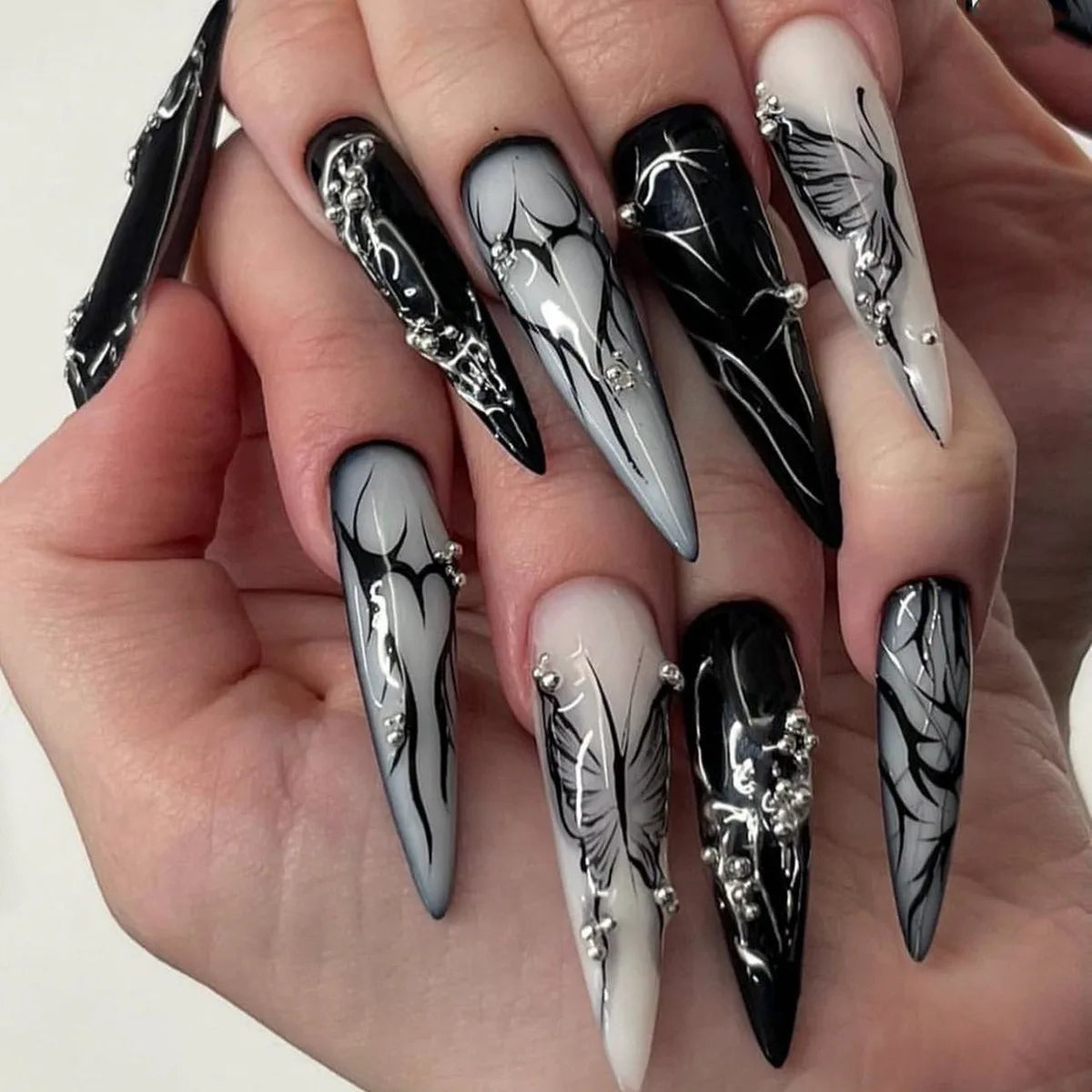 24pcs Long Stiletto Press on Nails Gradient Blue Full Cover Wearable Almond False Nails with Bow Rippled Design Fake Nail Sets
