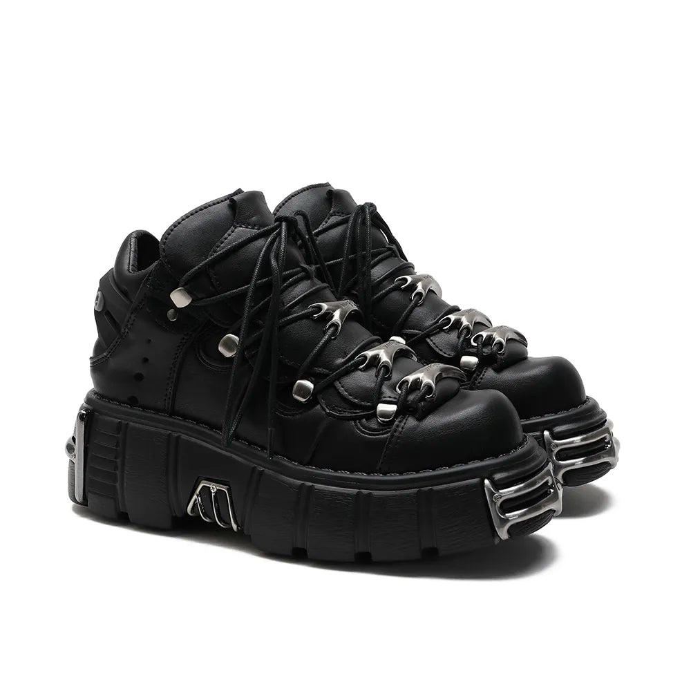U-DOUBLE Brand Punk Style Women Shoes Lace-up heel height 6CM Platform Shoes Woman Gothic Ankle Boots Metal Decor Woman Sneakers Black