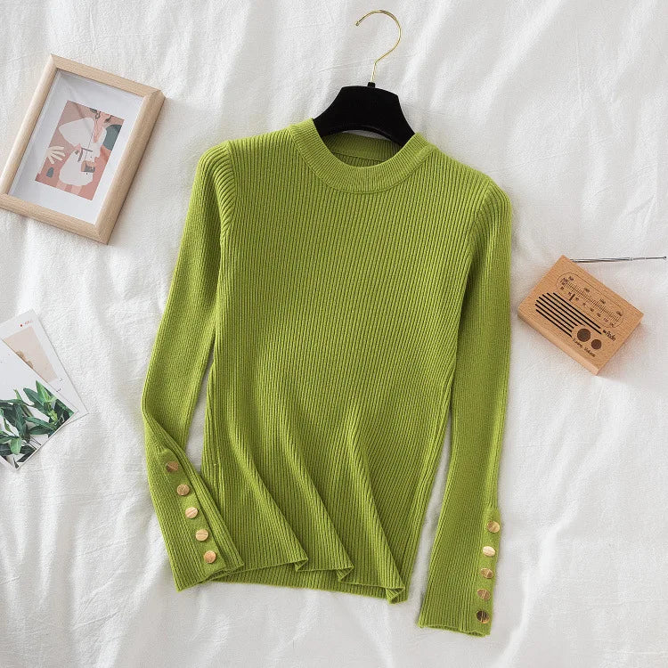 Thick Sweater Pullovers Long Sleeve Tops Women Autumn Winter Clothes Slim Knit Soft Jumper Streetwear Button Turtleneck Sweater green-2 One Size
