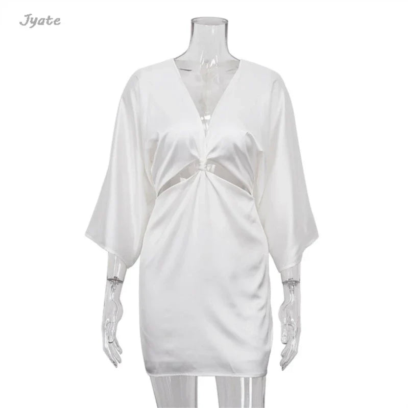 Flare Sleeve Satin Women Summer Dress Deep V-neck Hollowe Out Fashion Party Club Short Dresses Luxury Simple Slim Beach Vestidos