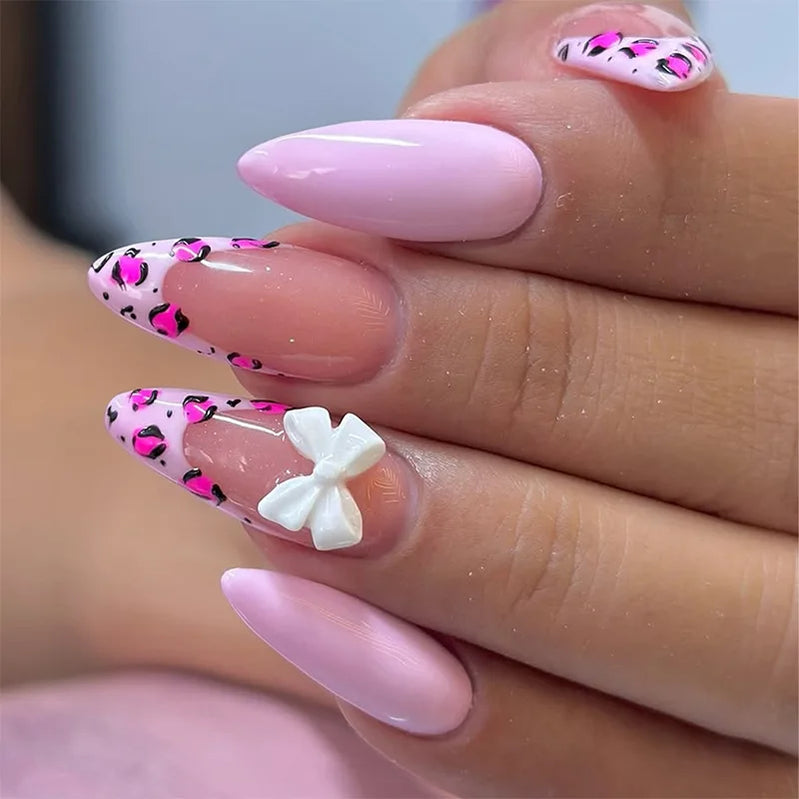 24Pcs Dark Red Almond False Nails with 3D Metal Bow Designs Nail Art French Love Cherry Nails Full Cover Press on Nails Hot Girl