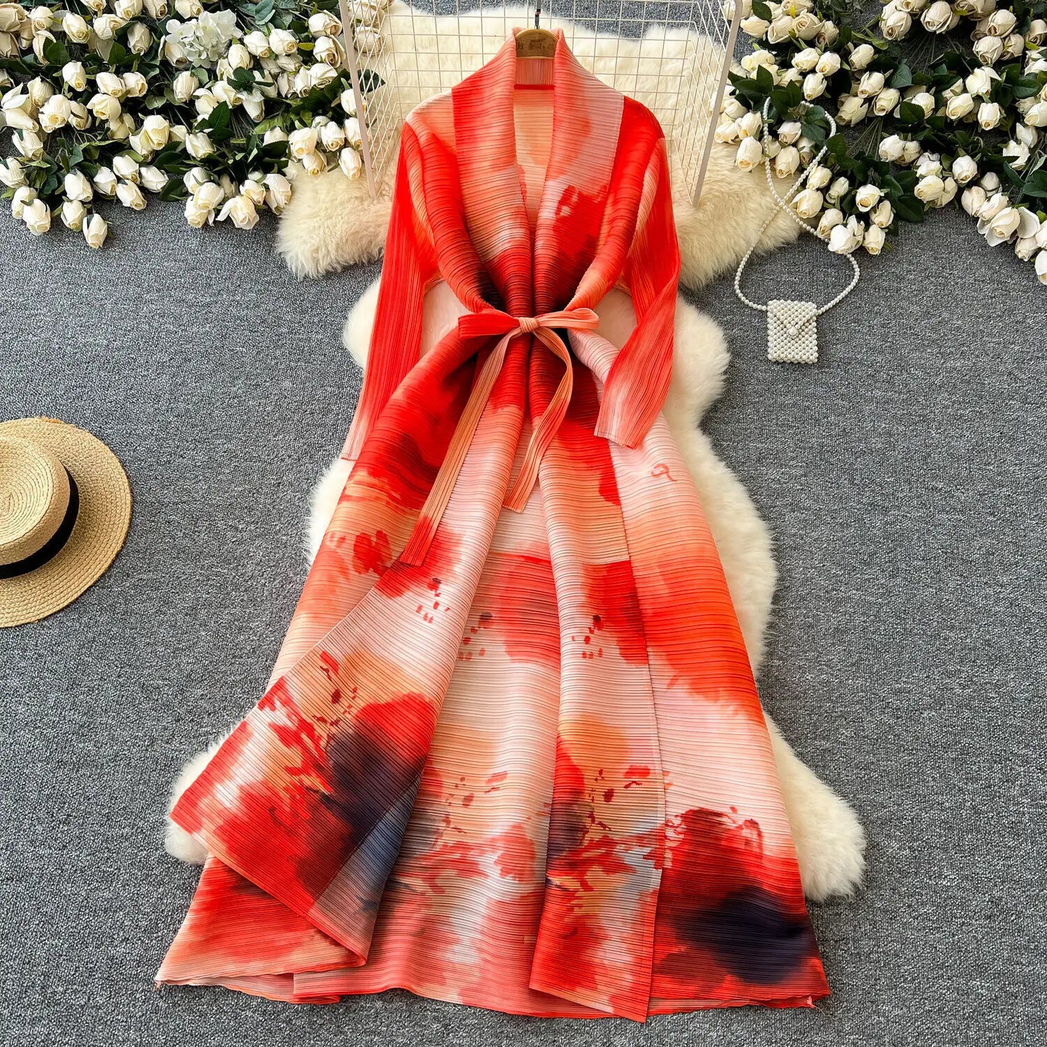 XFPV Elegant Style Long Sleeve Lapel Waist Cinching Strap Pleated Print Dress Vestidos For Women Y2k Korean Fashion Autumn 2024 Rose Pink One Size