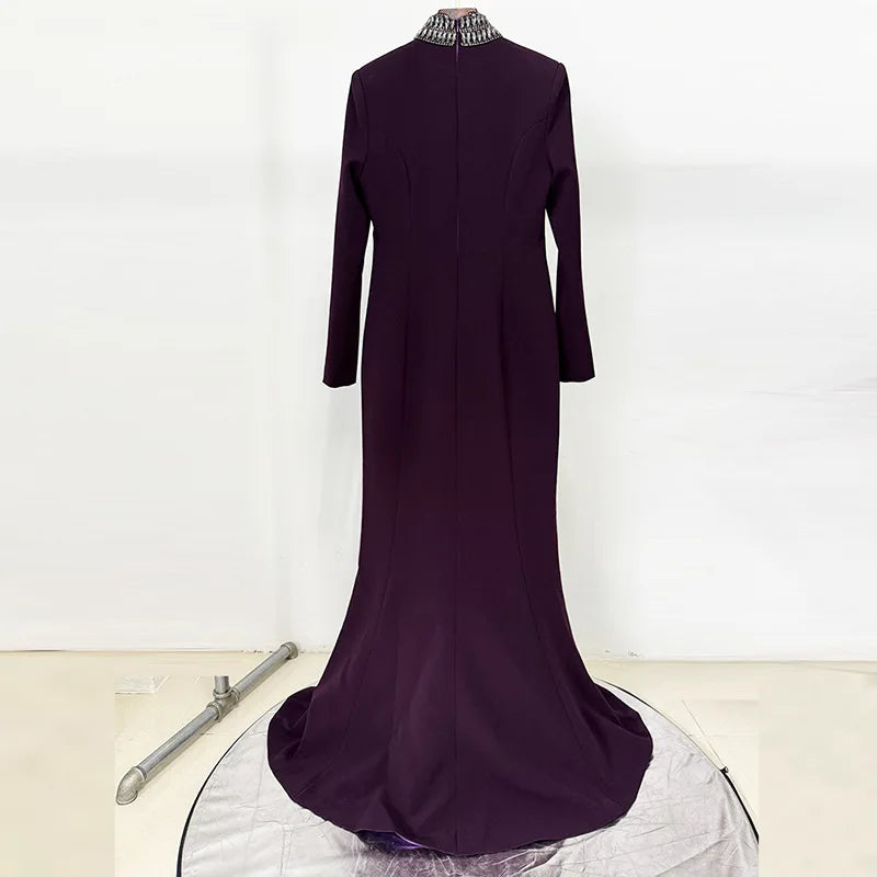 TWOTWINSTYLE Solid Hollow Out Spliced Bead Dresses for Women High Neck Long Sleeves Patchwork Split Elegant Dress Female Clothes