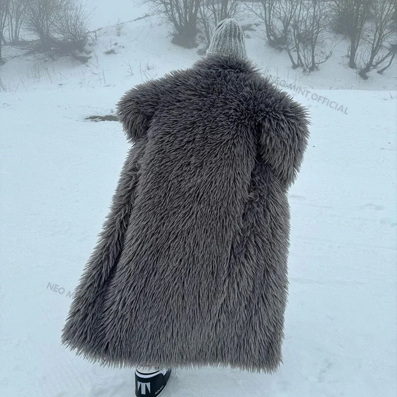 Neo Mint Extra Long Luxury Lamb Fur Teddy Coat Women Winter Ladies Mob Wife Style Oversized Chunky Faux Fur Jacket Overcoat