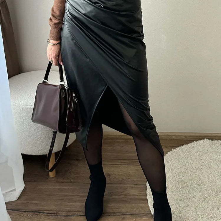 Women Leather Skirt Midi High Waist Elegant Autumn Zipper PU Front Slit Skirts Ladies Black Faux Leather Folded Skirt For Women