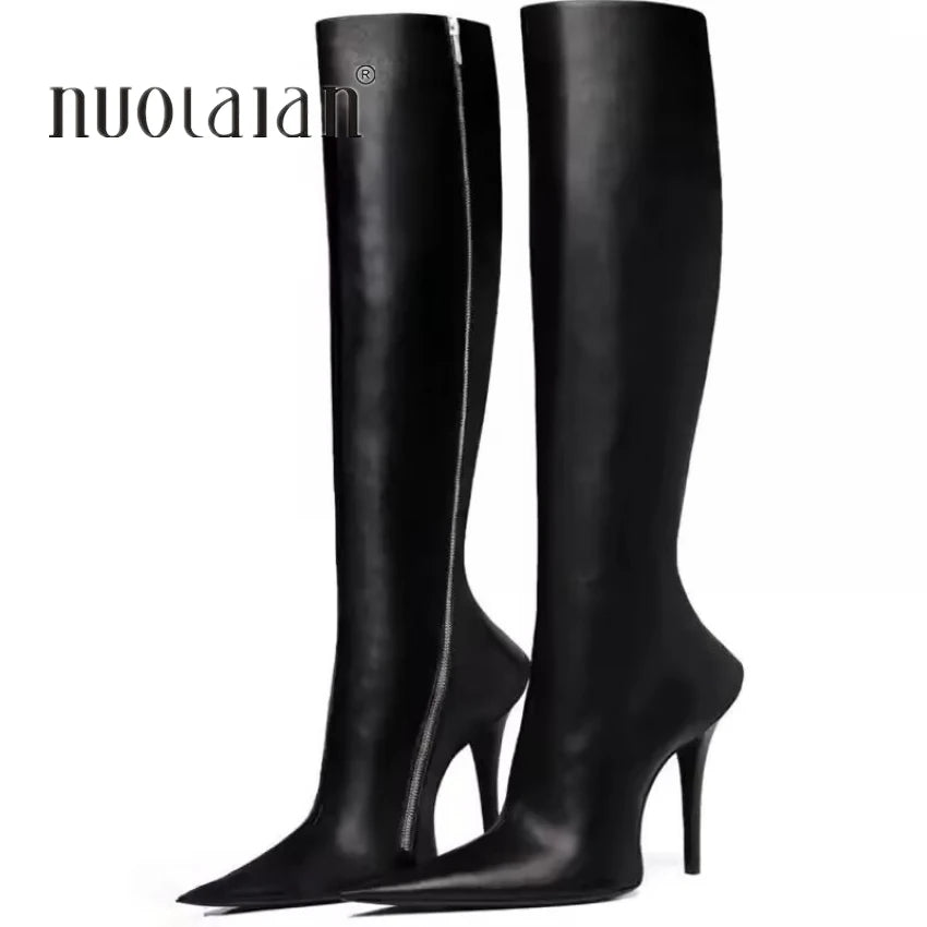 Brand Fashion Women Knee High Boots Zip Pointed Toe Footwear 10CM High Heels Female Long Boots Party Shoes Women JJJ-H black