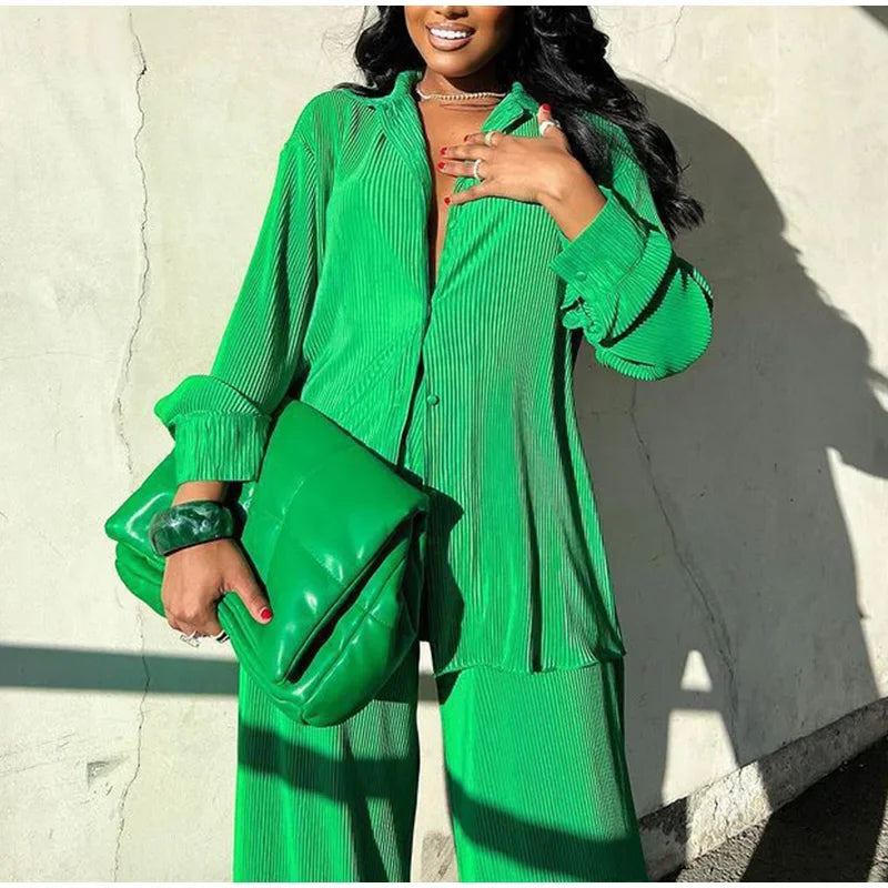 CM.YAYA Pleated Solid Women Set Long Sleeve Shirts and Straight Wide Leg Pants Suits Tracksuit Two Piece Set Fitness Outfits