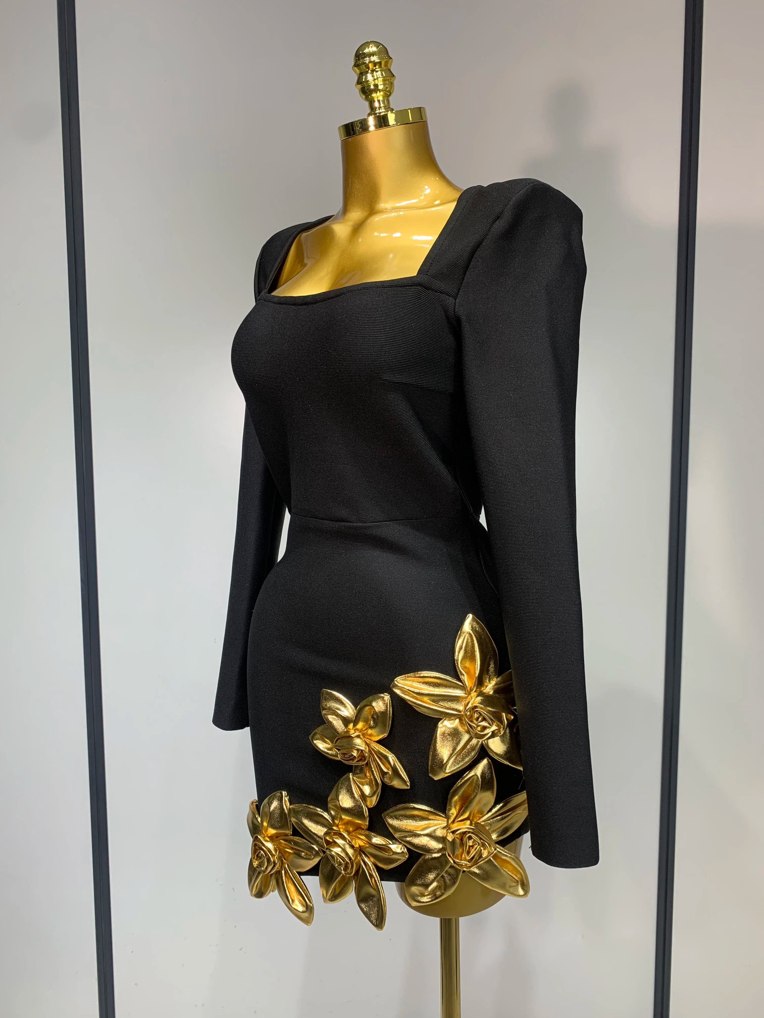 Women Long Sleeve Sexy Square Collar Gold Flower Bodycon Mini Bandage Dress Celebirty Elegant Nightclub Luxury Birthday Dresses