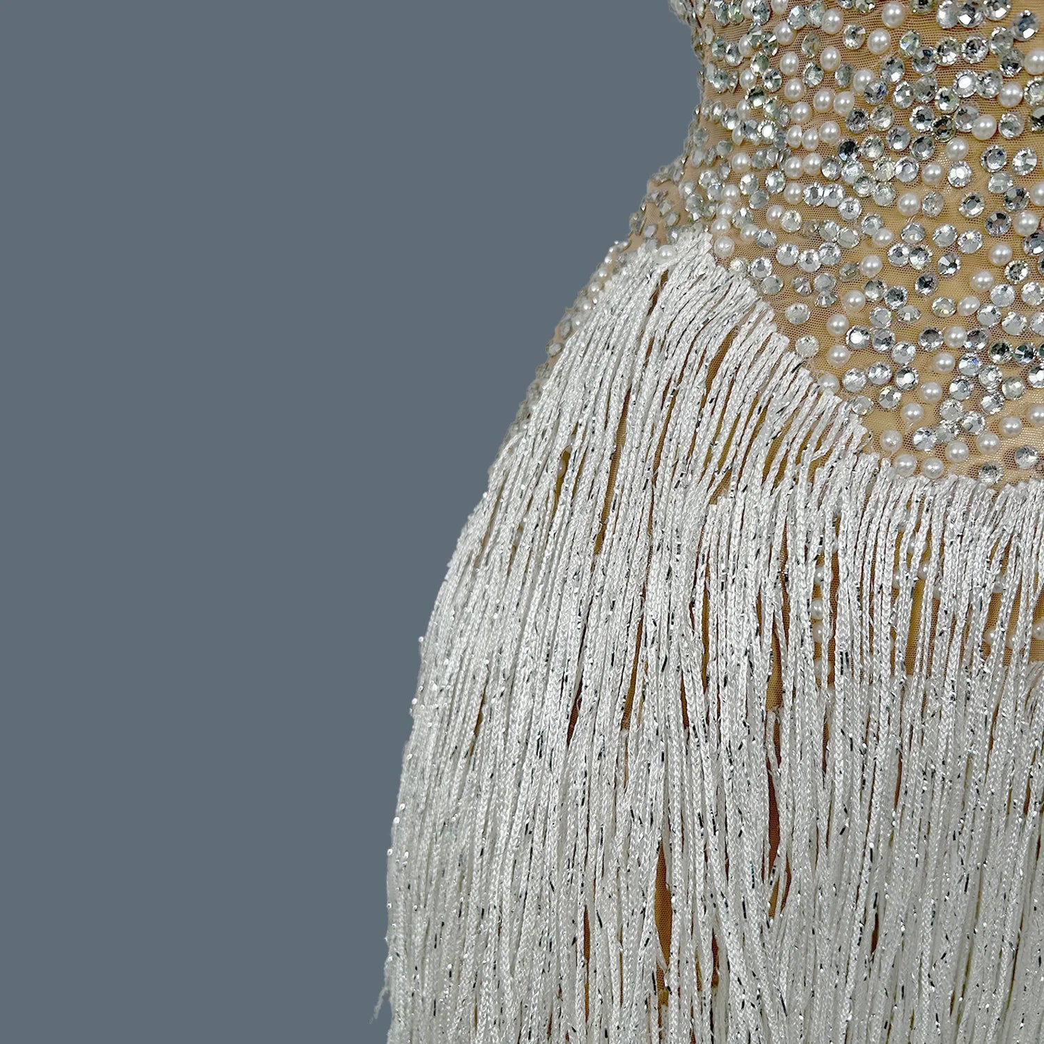 Pearls Rhinestone Strapless Tassel Mini Dress for Sexy Women Club Singer Show Dance Wear Birthday Party Carnival Dress Qiaqia