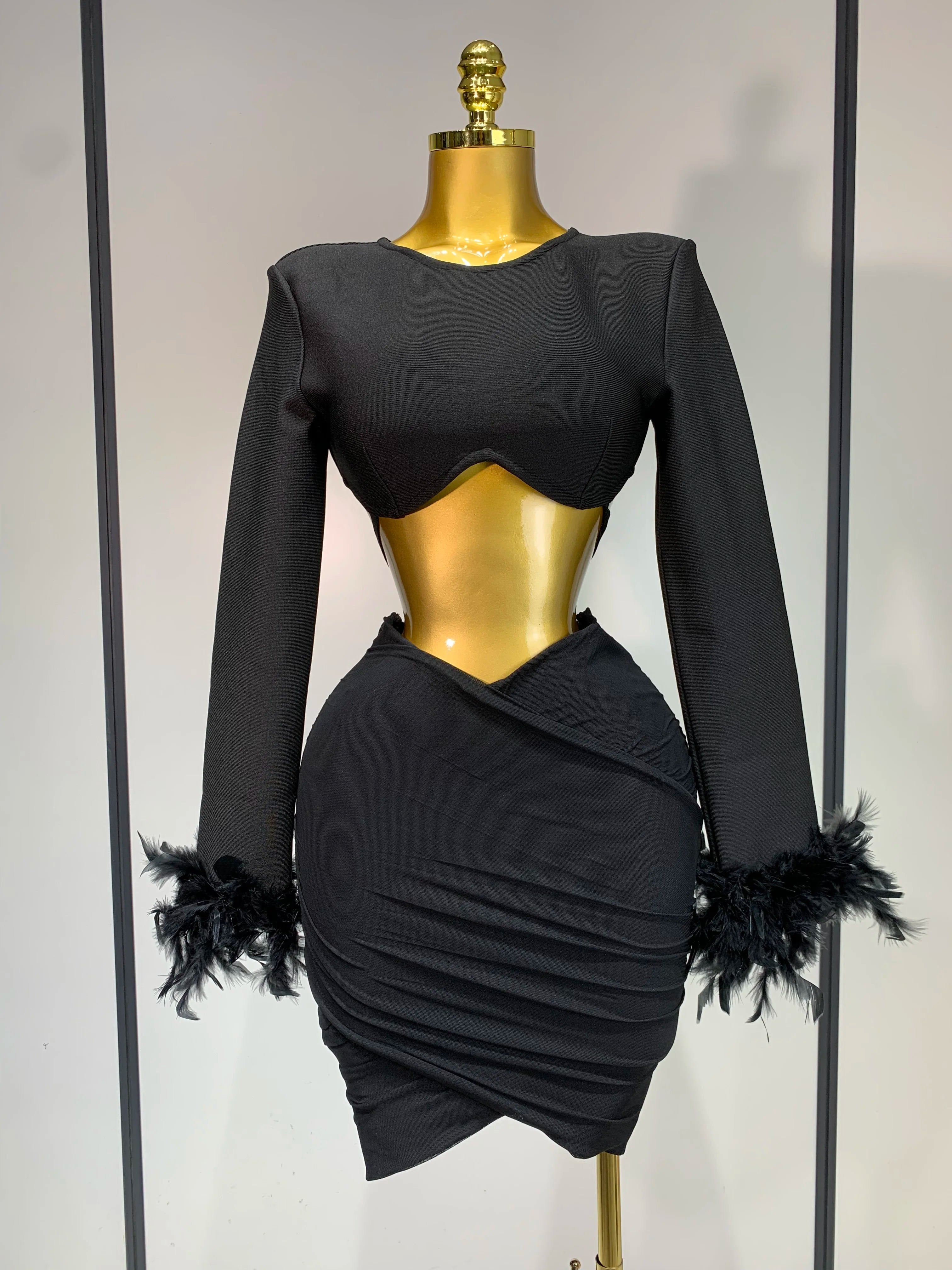Luxury Birthday Dress Women Sexy Long Sleeve Feather Black Mesh Mini Bodycon Bandage Dress Elegant Evening Club Party Dress 