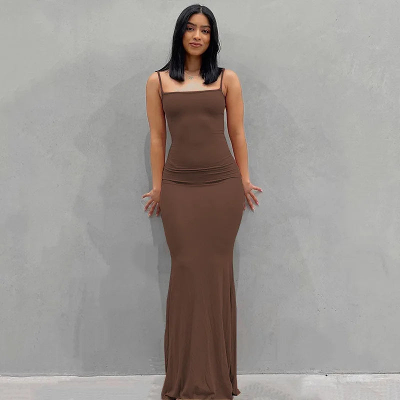 Satin Slip Sleeveless Backless Maxi Dress Women Y2K Summer Bodycon Elegant Sexy Outfits Ladies Birthday Party Club Sundress Brown