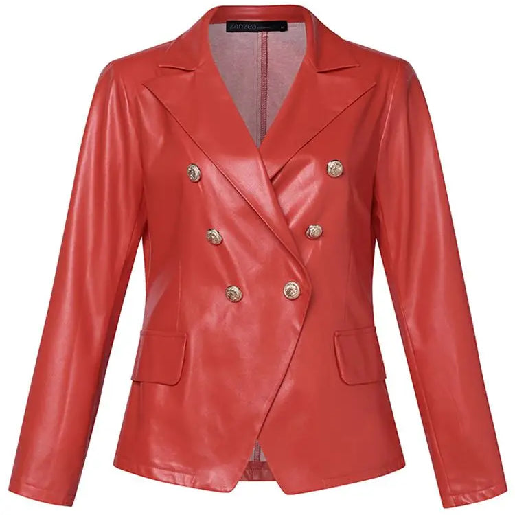 Solid Work Outerwear Women PU Leather Jacket Autumn Buttons Thin Blazer Vintage Long Sleeve Casual Lapel Collar Coat