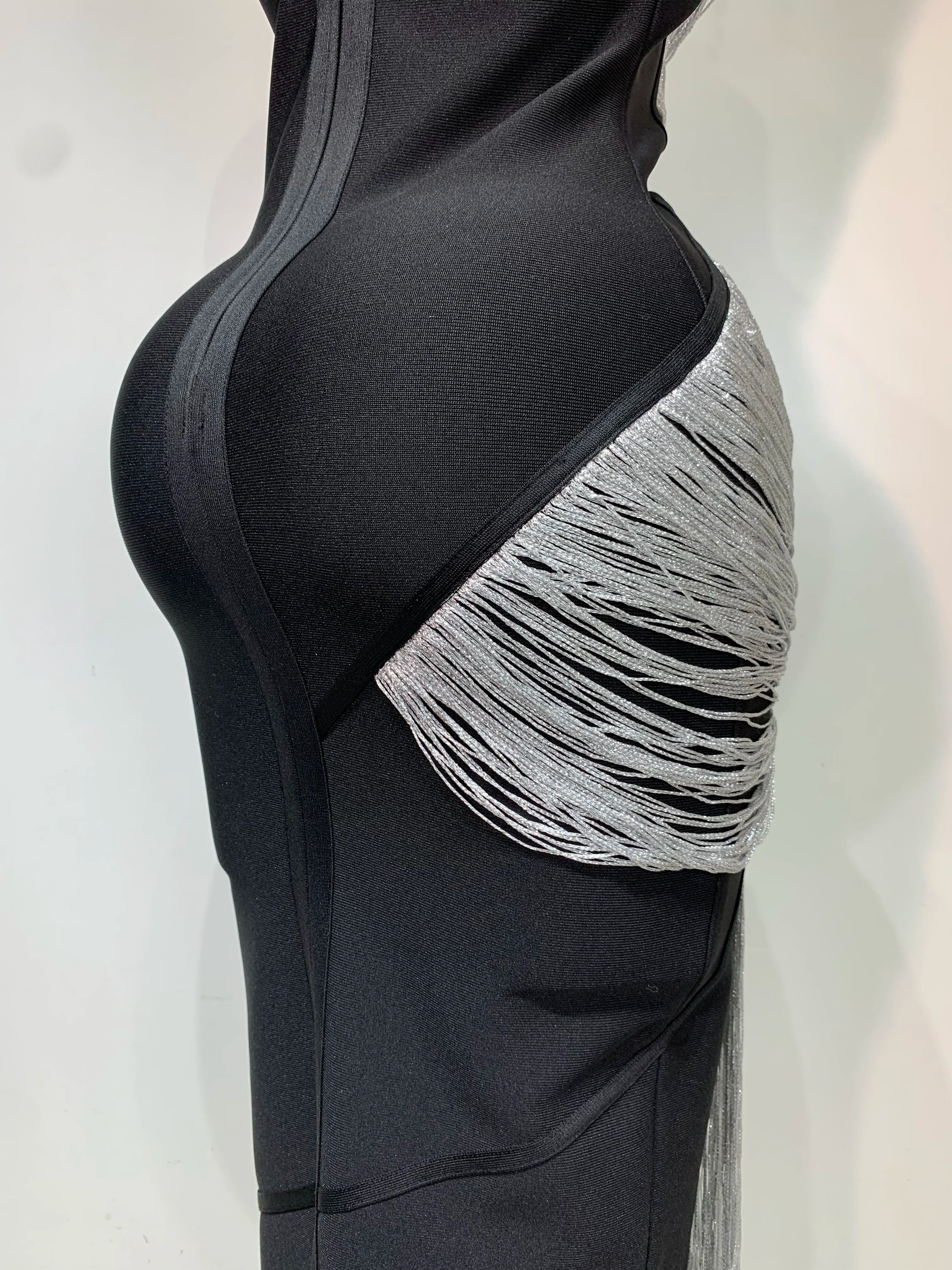 Women Sexy Slanted Collar Silver Tassel Bandage Dress Women Black Sleeveless Bodycon Dresses Evening Party Club Birthday Gowns