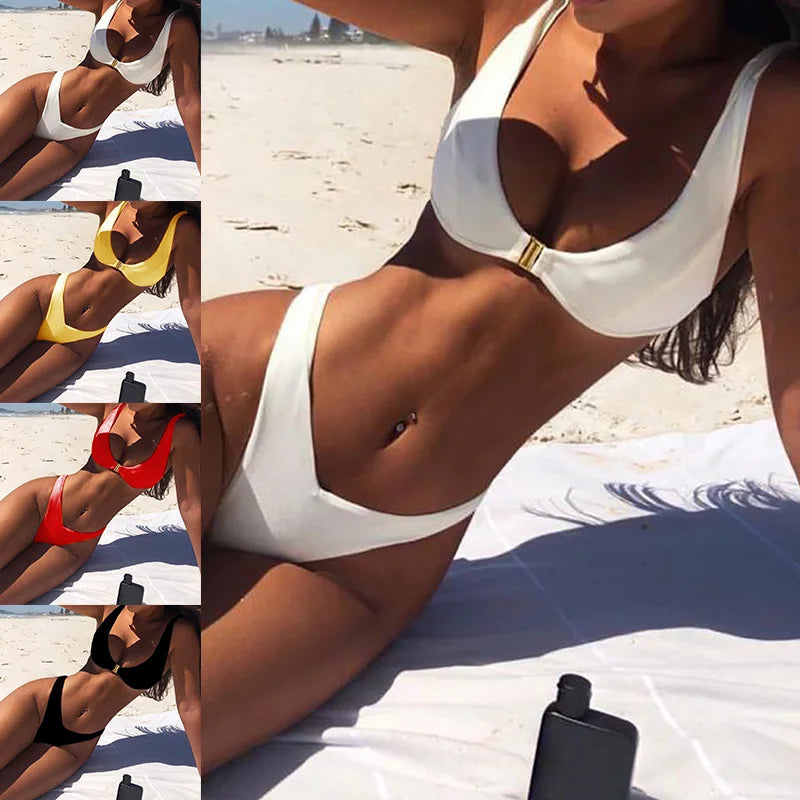 Sexy Solid Gold Lock Buckle Design Bra High Waisted Bikini Set Women'S Split Beach Swimsuit Set