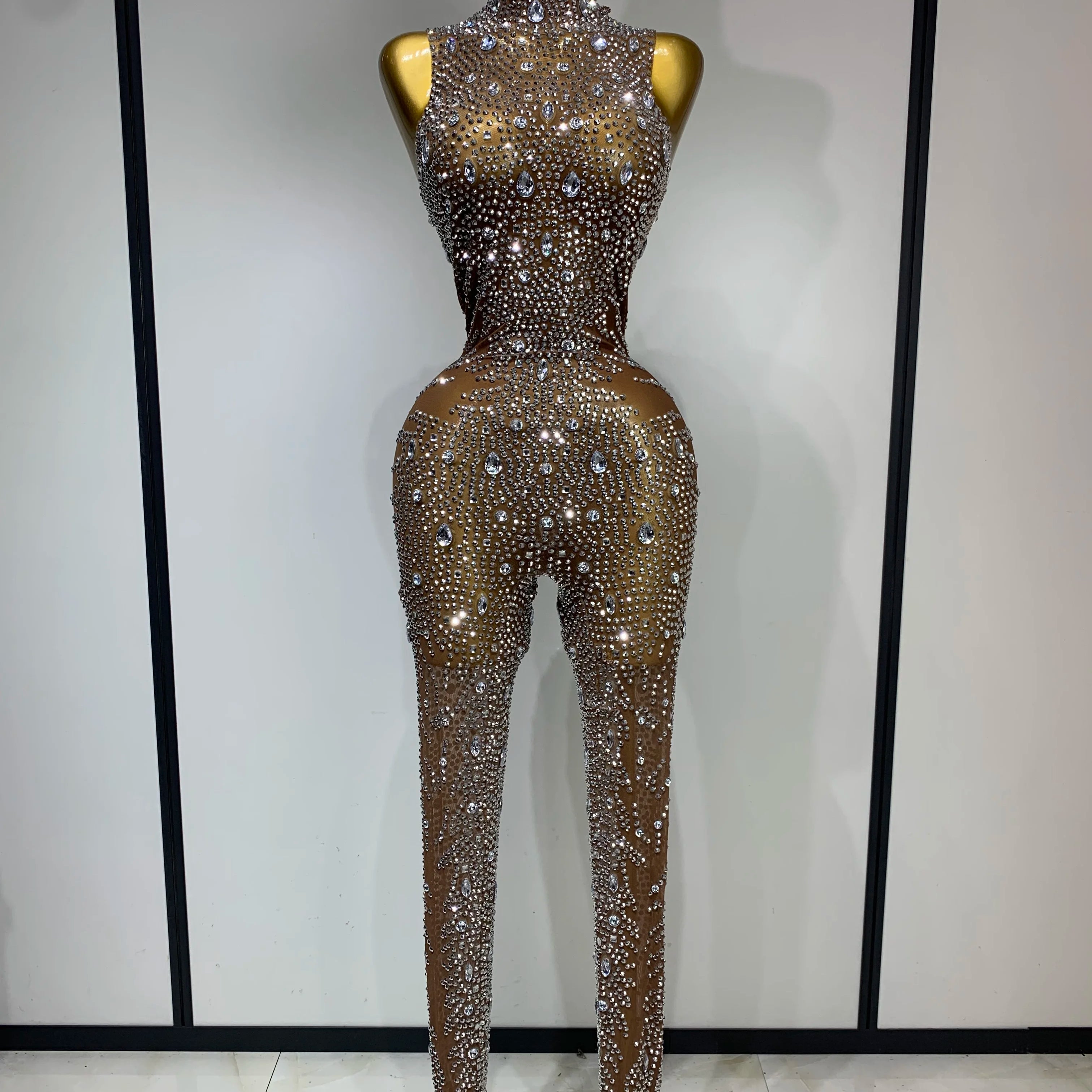 Luxury Rhinestones Jumpsuit Women Sexy Mesh See Through Performance Dance Costume Celebrate Club Birthday Party Stage Outfit