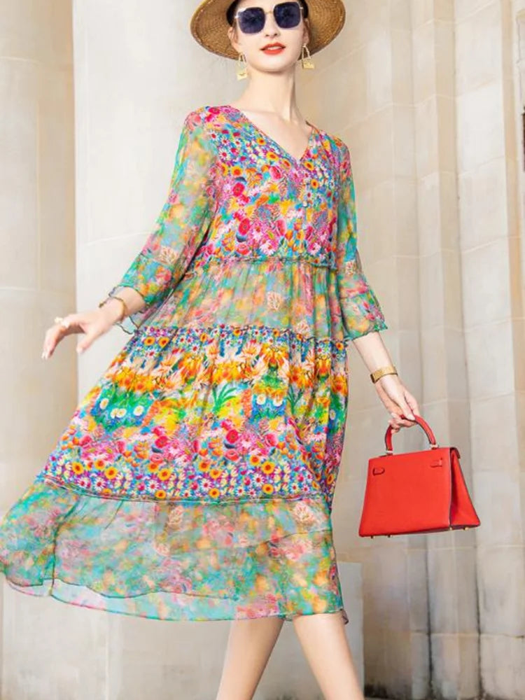 Summer 2023 Beach Boho Vintage Print Chiffon V Neck Dress Elegant Party Robe Designer Vestidos Loose Midi Dresses
