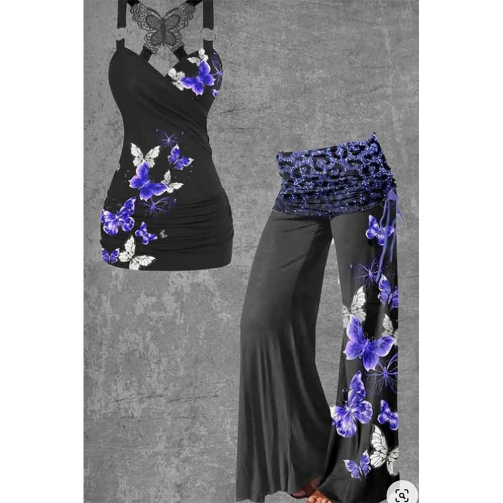 Women Plus Size Matching Set Hollow Out Butterfly Printed Backless Sexy Gothic Punk High Waist Flare Pant and Slim Tank Top Set