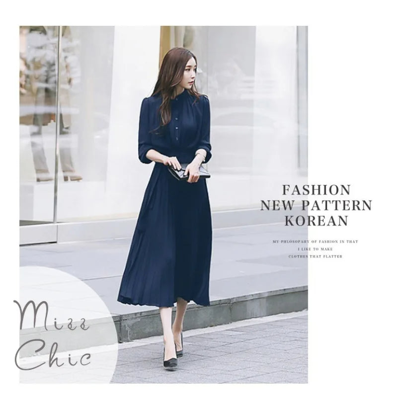 Elegant Chiffon Long Sleeve Shirt Dress Korean Fashion Women Belt Lace Up A-line Pleated Maxi Dress 2023 Fall Clothes Streetwear