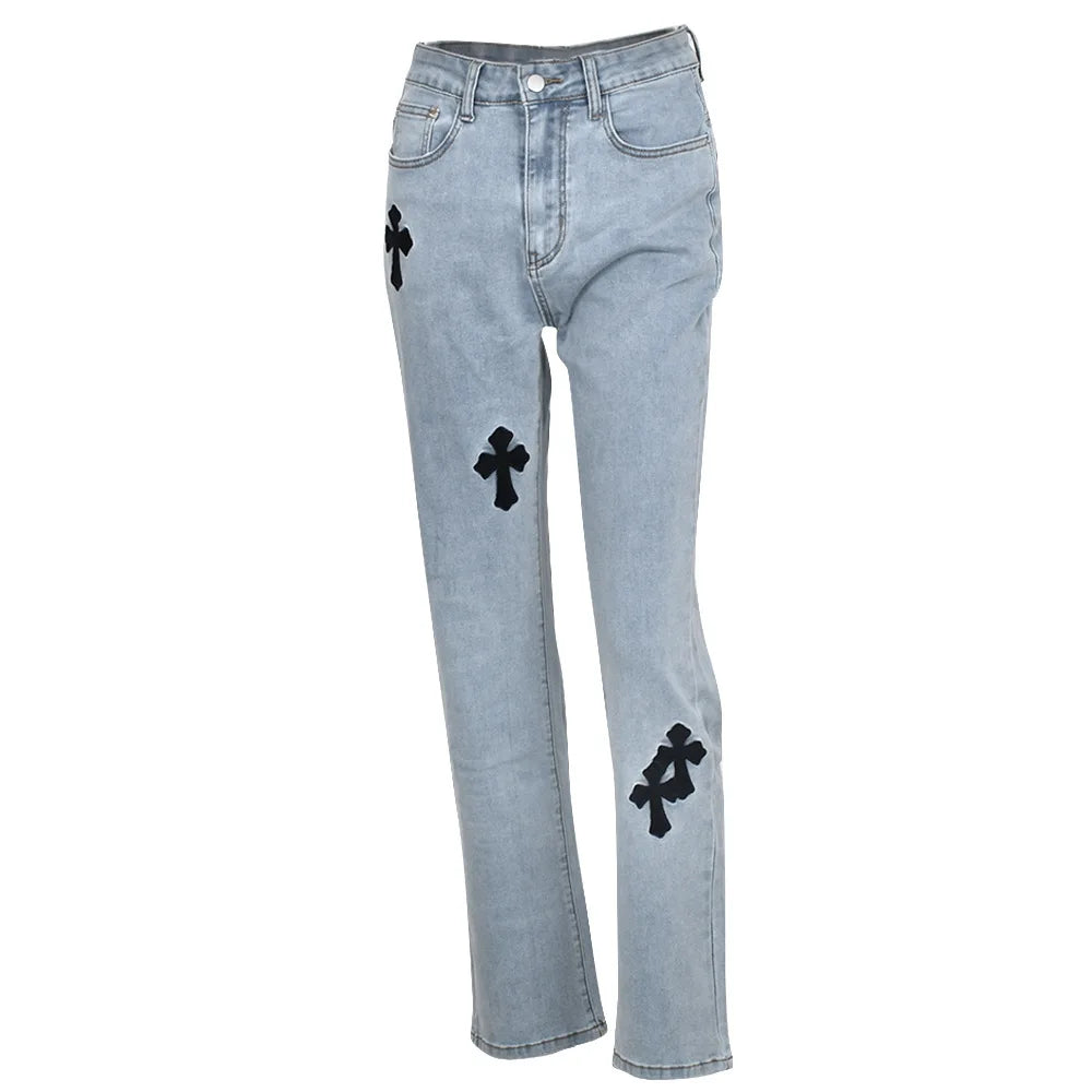 Cross Printed Baggy Jeans Women Casual Low Waist Vintage Straight Denim Trousers Cyber Y2k Goth Pants Fashion Mom Jeans Light blue