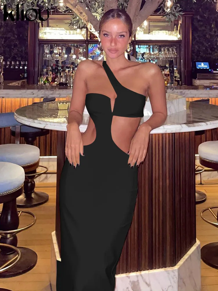 Kliou Off Shoulder Sexy Hollow Out Maxi Dress Women Concise Solid Sleeveless Body-shaping Vestido Female Evening Party Clothing