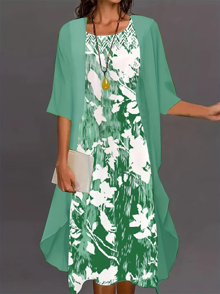 Plus Size 2024 Autumn Women's Floral Printed Long Dress Printed Pattern Two-piece Dress Round Neck Temperament Elegant Dress