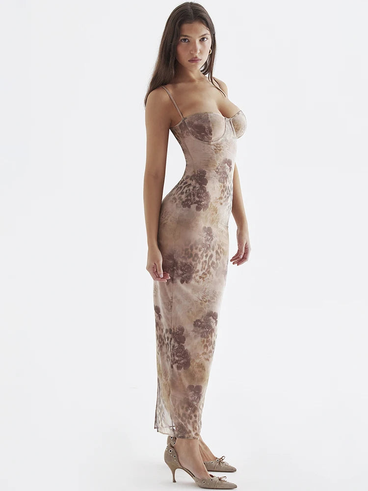 Mesh Print Long Dress with Chest Padded Sexy Back Lace Up Vacays Party Going Out Outfits Summer Dress Women