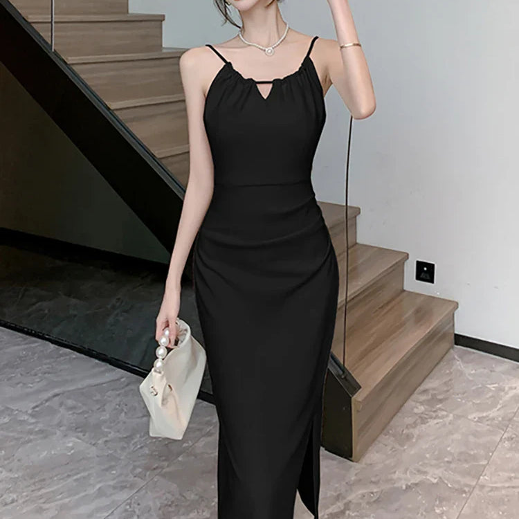 White Hollow Out Sexy Sling Long Dress for Women Korean Luxury Elegant Party Evening Dress Summer Fashion Bodycon Prom Robe