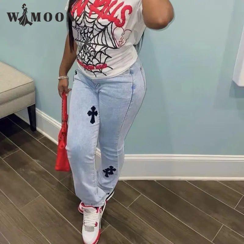 Cross Printed Baggy Jeans Women Casual Low Waist Vintage Straight Denim Trousers Cyber Y2k Goth Pants Fashion Mom Jeans