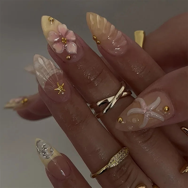 24Pcs Almond Shape Head Press on Fake Nails Short Round Head Full Cover Nail Tip Art Starfish Design French Colorful False Nails