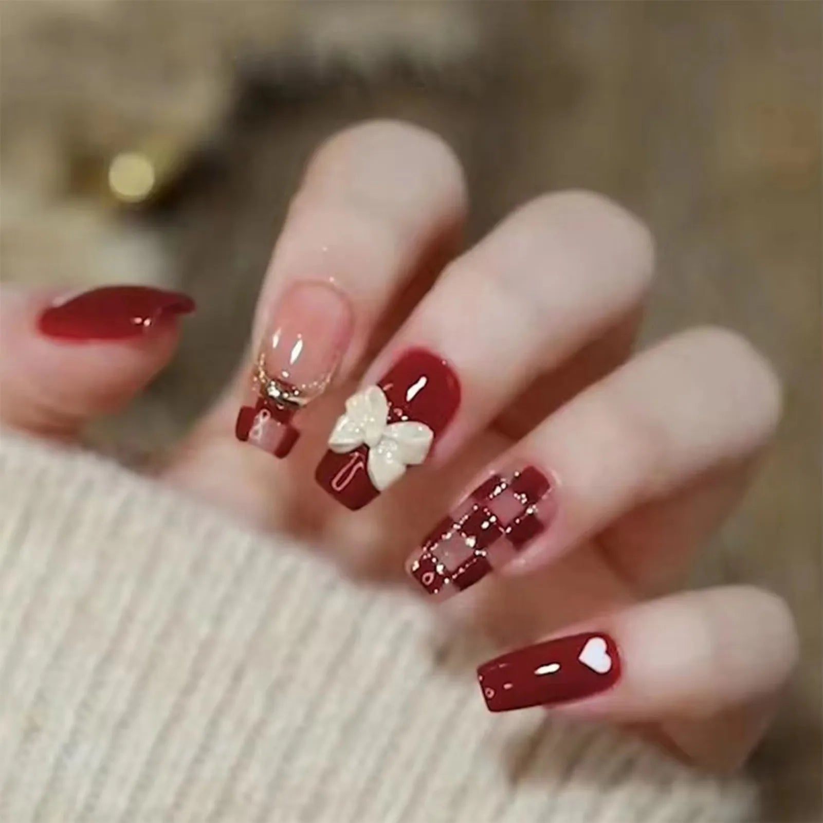 24Pcs Red Fake Nails with 3D White Flower Design Mid Length Coffin Press on Nails Wearable Korean Sweet Flower False Nails