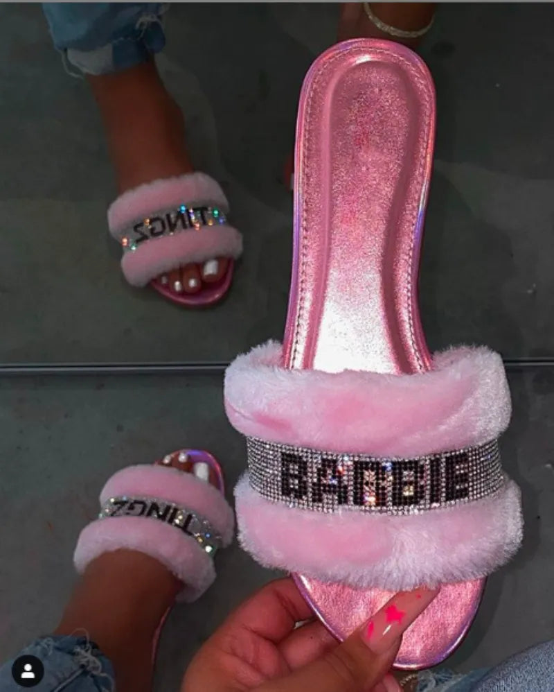 Sandals Female Europe Flat Fur Slides Shinny Diamond Slippers Wild Fashion Home Soft Flip-flops Shoes for Women Slide
