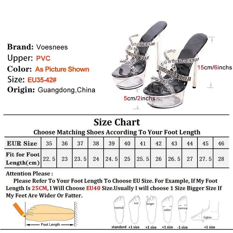 Luxury Rhinestone Crystal Slippers 15CM Thin Heel Lady Platform Slide Sandals Sexy Stripper Heels Summer Women Transparent Shoes