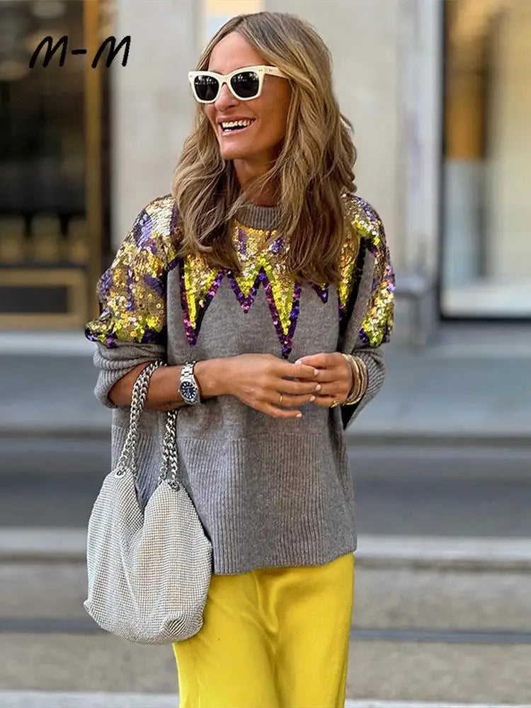 Women O-neck Long Sleeve Knitted Sweater Fashion Sequins Decor Loose Casual Pullovers Female Fall Winter Street Club Jumper