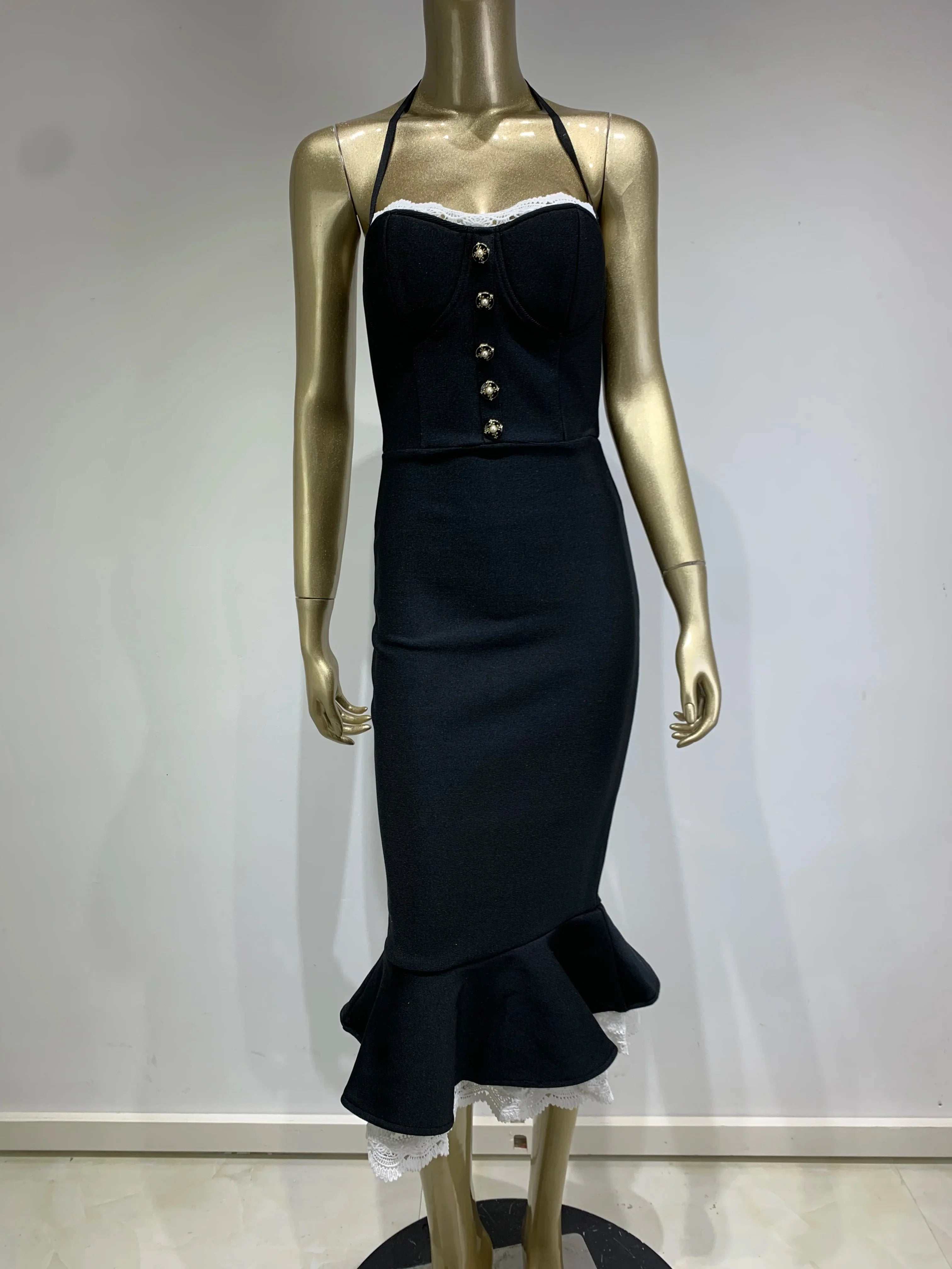 Vestido feminino sexy sem costas halter preto sereia midi bodycon bandage elegante vestido de festa para noite