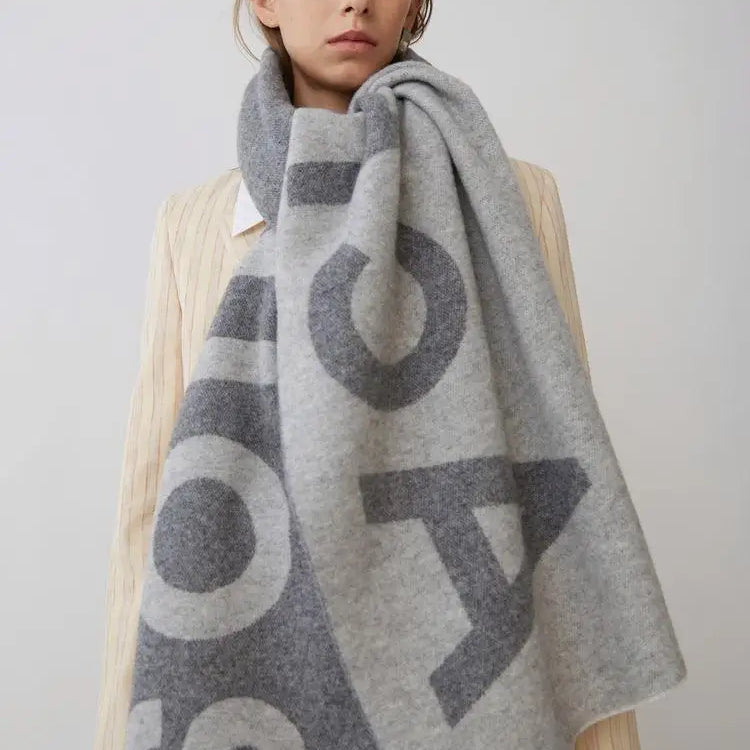 Winter Thickened Letter Shawl for Women Thermal Warm Resistant Wool Scarf Outdoor Fashion Versatile Windproof Women Accessories AC Letter - Gray 70X210
