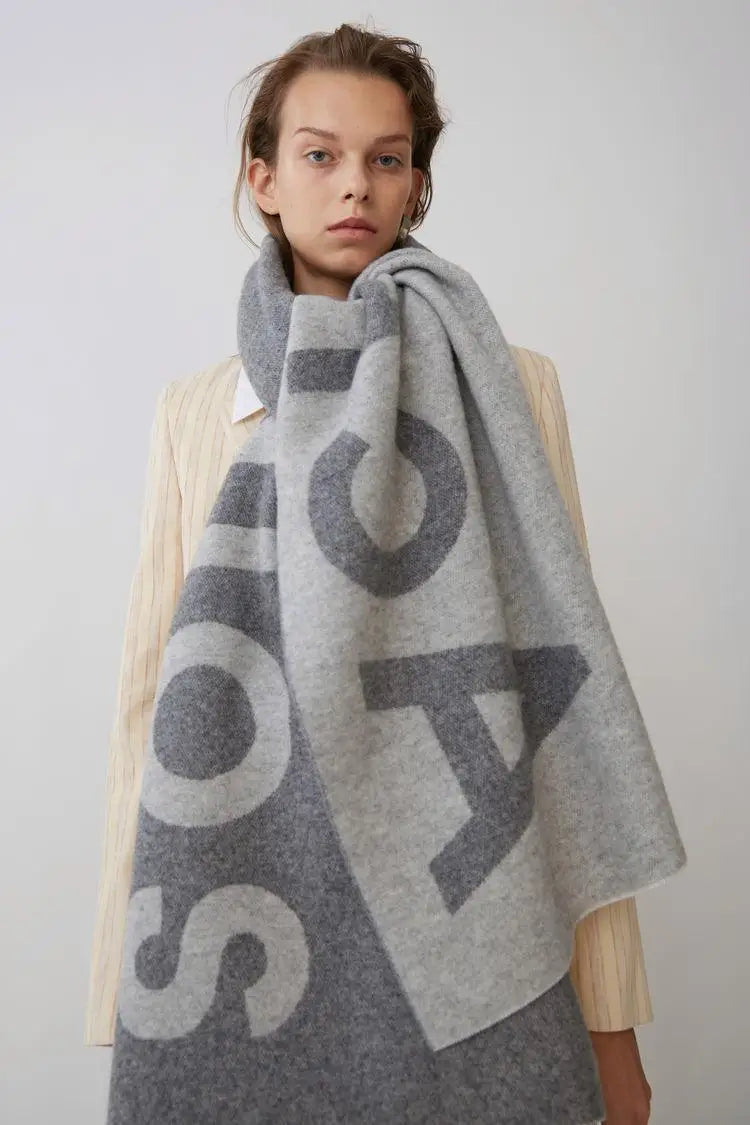 Winter Thickened Letter Shawl for Women Thermal Warm Resistant Wool Scarf Outdoor Fashion Versatile Windproof Women Accessories AC Letter - Gray 70X210