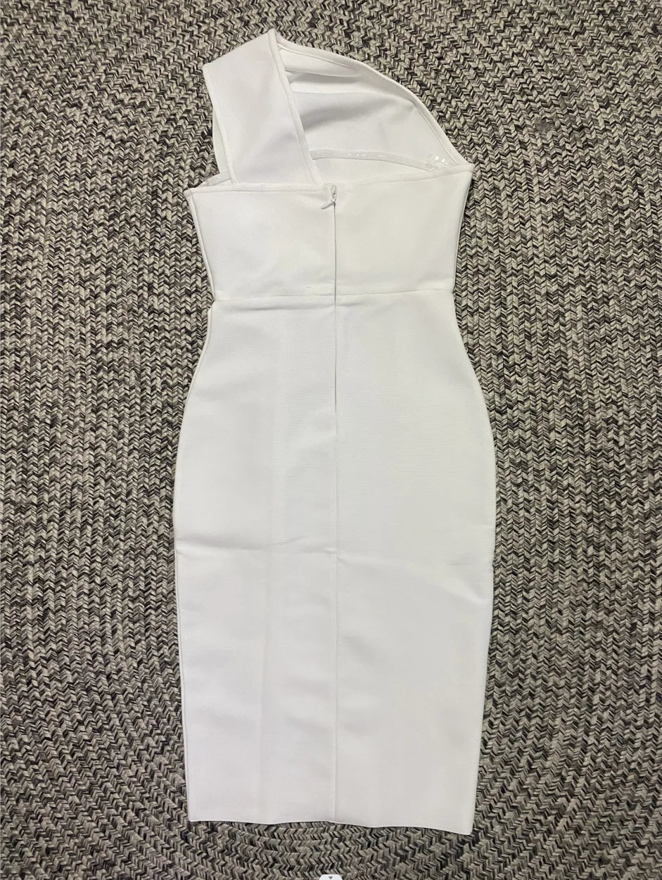 White Color Women Sexy One Shoulder Button Bodycon Mini Dress Rayon Bandage Fashion Nihtclub Party Elegant Evening Party Dress