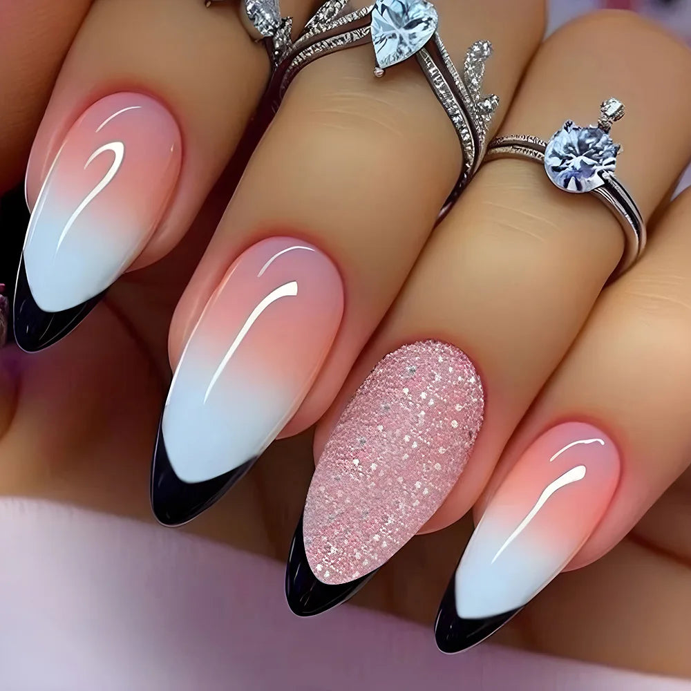 24pcs/set short Medium square fake nails for women gradient nude pink flowers french almond summer tips press on false nail art