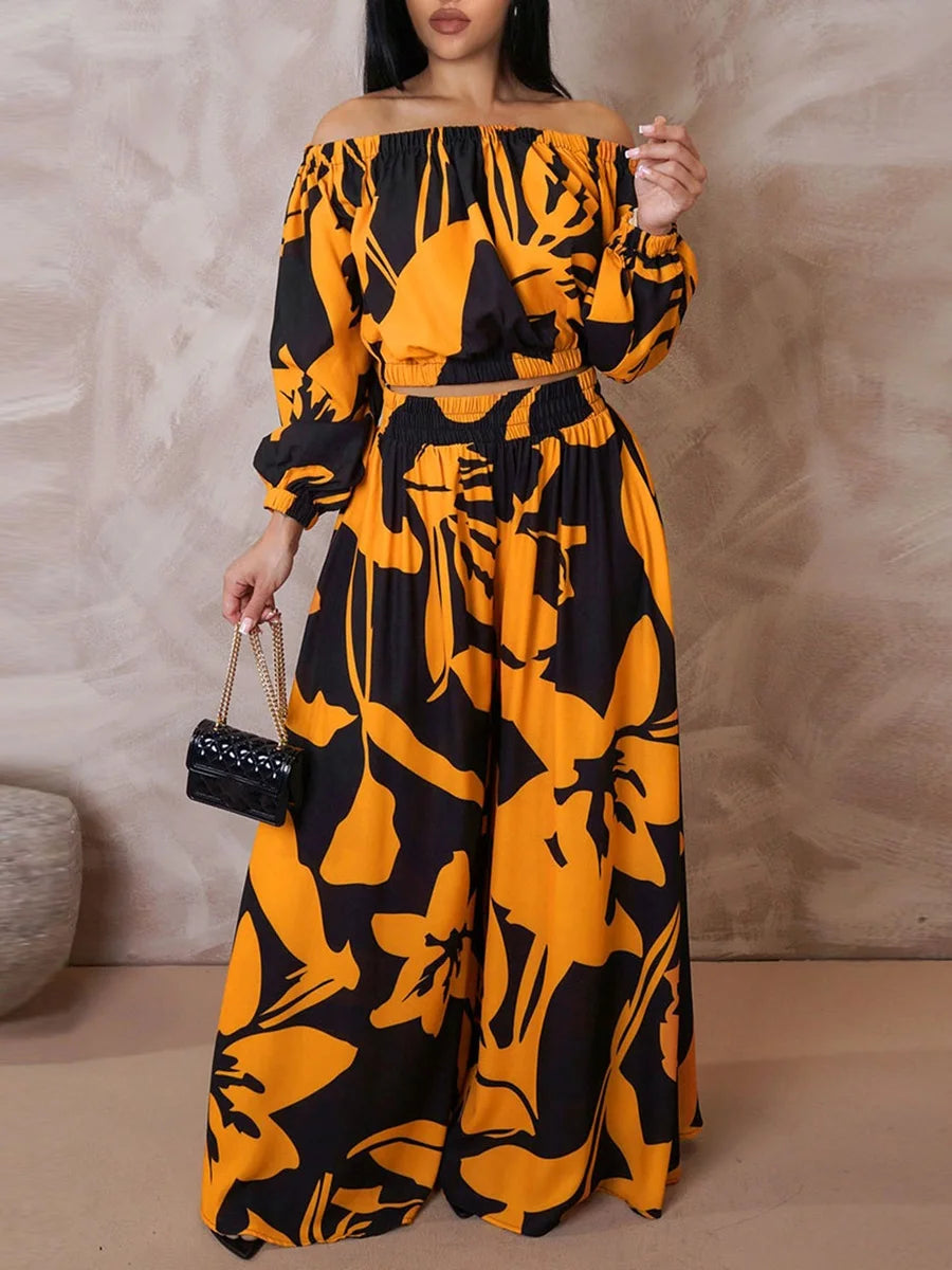 LW Plus Size Elegant Two pieces sets Off The Shoulder Floral Print Pants Set long sleeve color contrast Top + loose pants sets