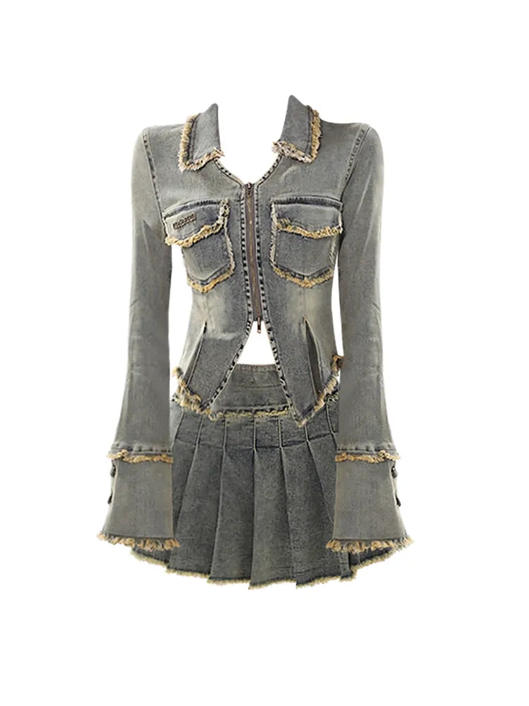 Fall Women Korean Fashion Vintage Tide Denim Rave Outfits 2 Piece Set Long Sleeve Jean Jacket + Y2K Gyaru Mini Pleated Skirts Grey