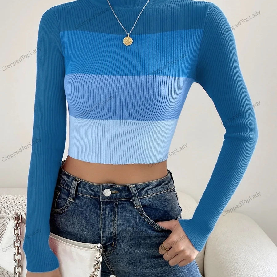 Spring Women Crop Colorblock Turtleneck Ribbed Long Sleeve Pull Sweater Femme Knitwear Jumper Outfits Pullovers