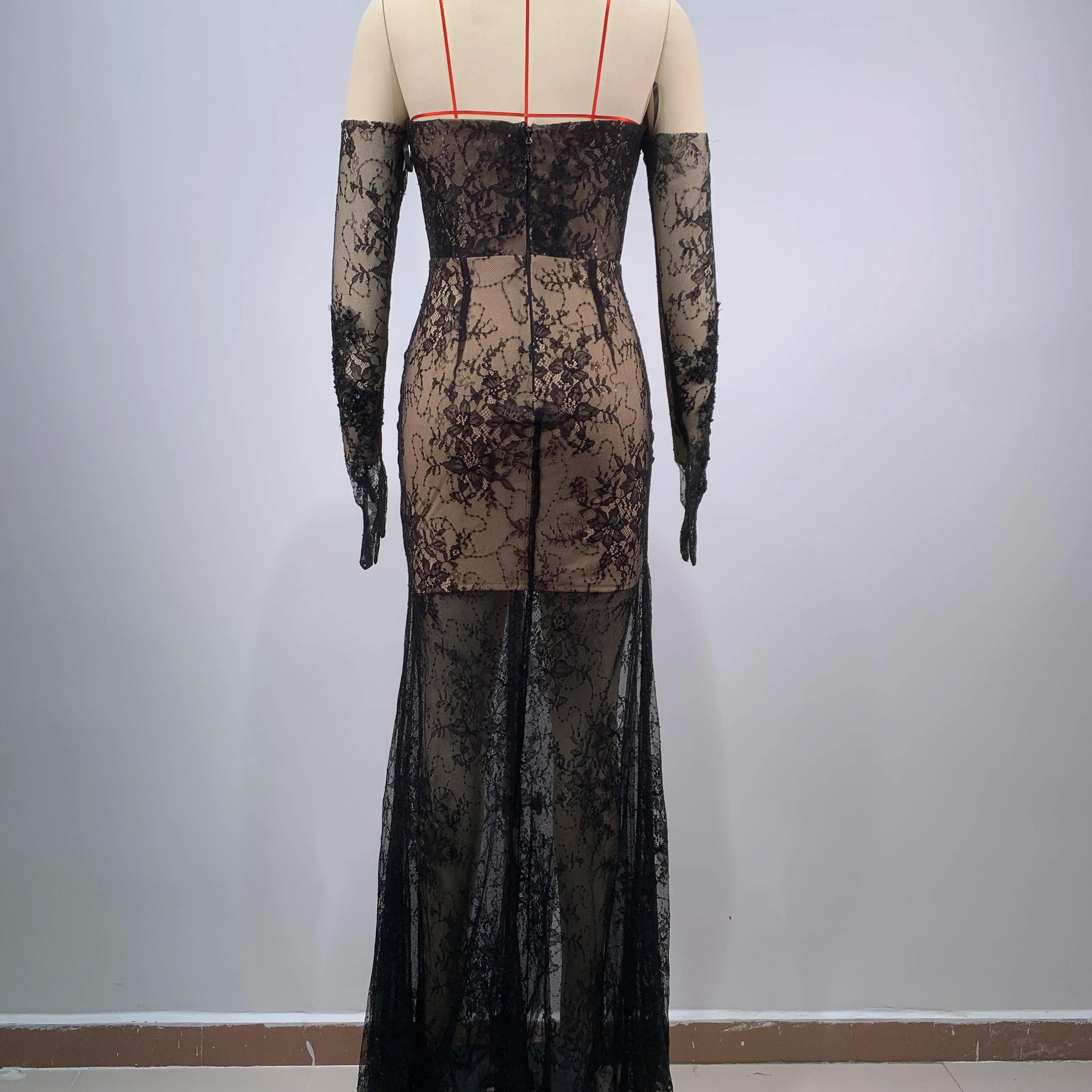 Fashion Gloves Sexy Mesh See Through Black Lace Strapless Midi Calf Dress Birthday Party Evening Dress Celebrity Party Dress