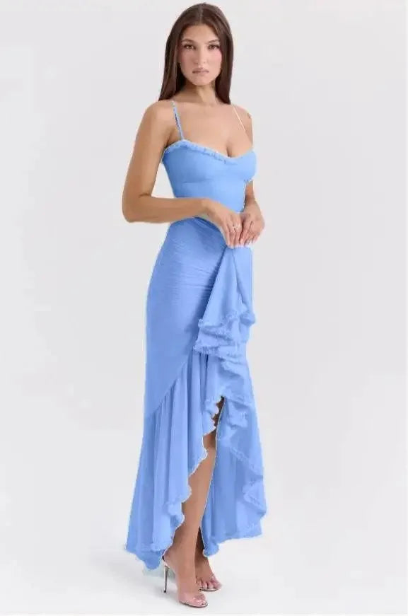 Suninheart Irregular Mesh Party Dresses 2024 New Arrivals Spaghetti Strap Bodycon Dress Fashion Ruched Long Dress Women