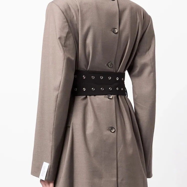 TWOTWINSTYLE Patchwork Belt Chic Blazer For Women Notched Collar Long Sleeve Spliced Pocket Temperament Blazers Female Fashion