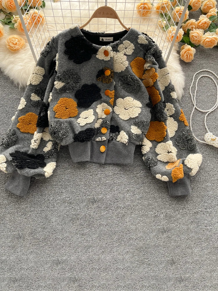 Sweet Long Sleeve Single Breasted Short Jacket Retro Three-dimensional Flower O Neck Clothing Winter 6 Color Coat