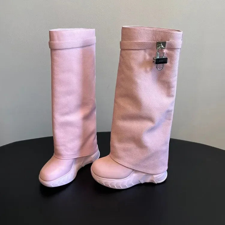 Leather Metal Padlock Woman Knee Length Boots Black Pink Slope Heel Autumn Winter Skirt Boots Size 35-43 Women Shoes 8062Pink pu